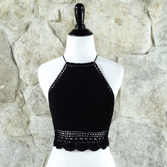 Bailey Ray and Co Tops - High Neck Crocheted Black Crop Top Scallop Hem S-L